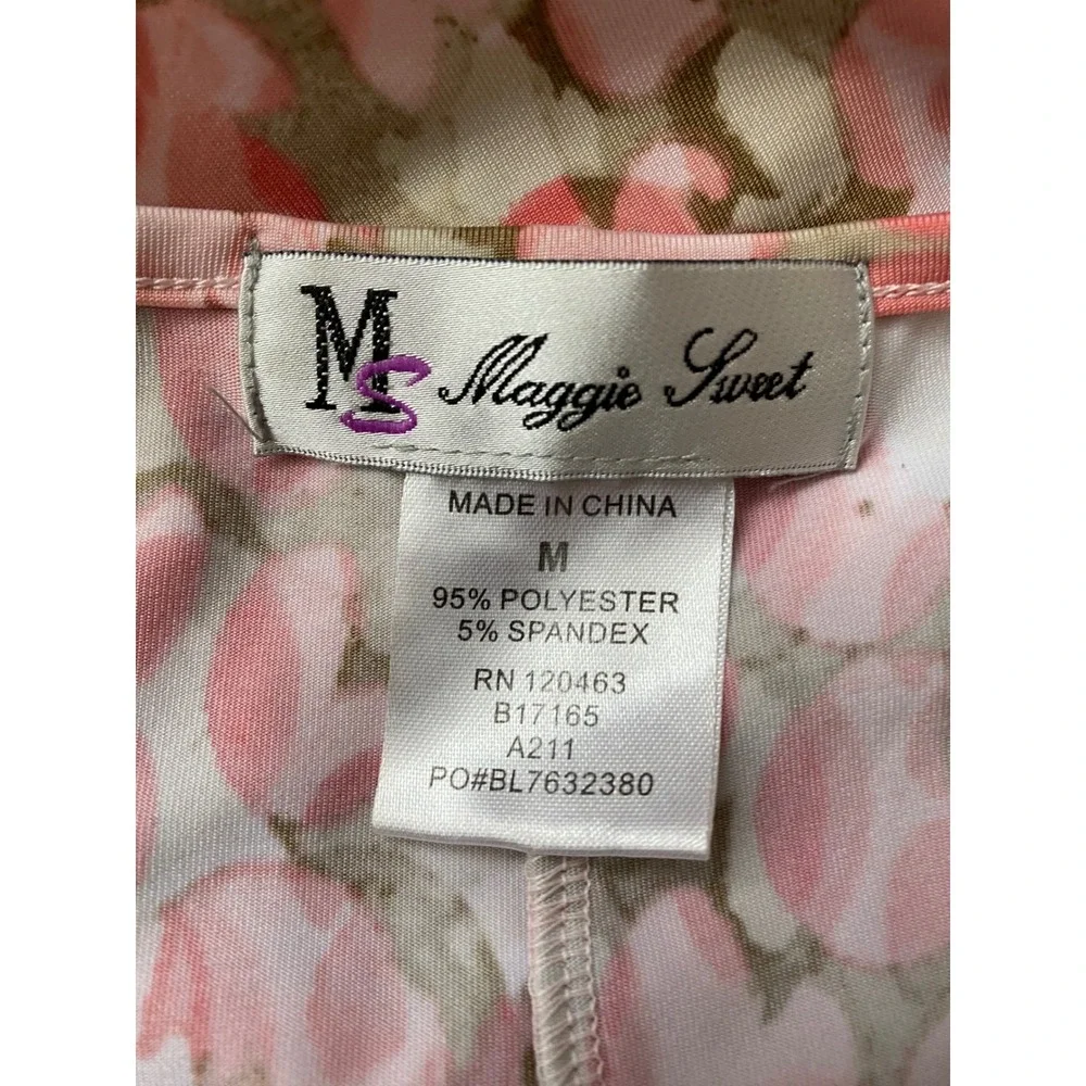 Maggie Sweet Pink Green Floral Sleeveless V-Neck A-Line Midi Dress Womens Medium